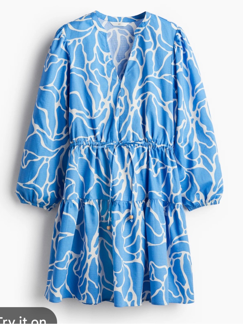 H&M Blue and White Printed Tiered Mini Dress